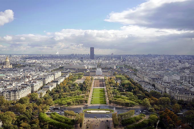 Aussicht vom Eiffelturm Richtung Südost mit Tour Montparnasse und Champ de Mars